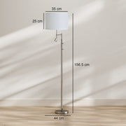 Dimensions diagram of the silver floor lamp showing 156.5 cm height, 44 cm base and 35 x 25 cm shade