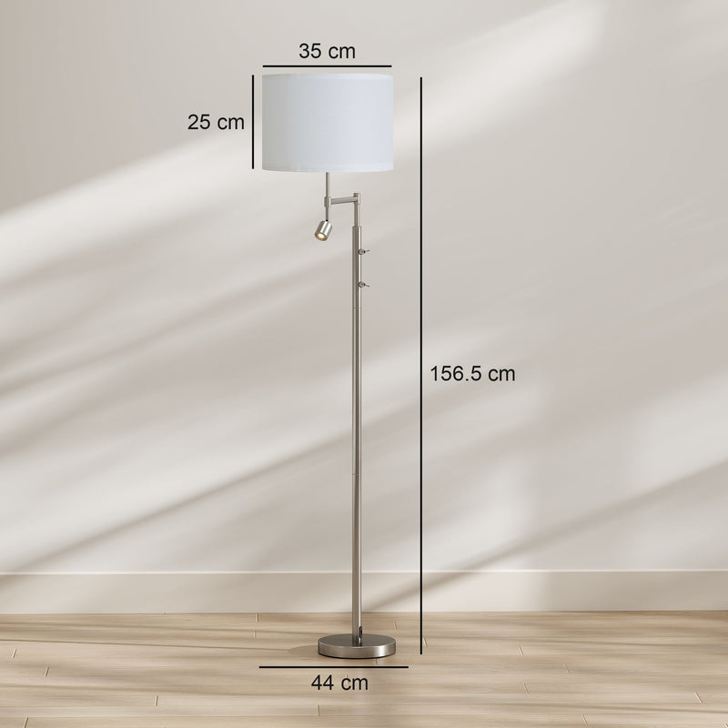 Dimensions diagram of the silver floor lamp showing 156.5 cm height, 44 cm base and 35 x 25 cm shade