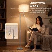 Woman reading in an armchair by the silver floor lamp with its focused reading light on