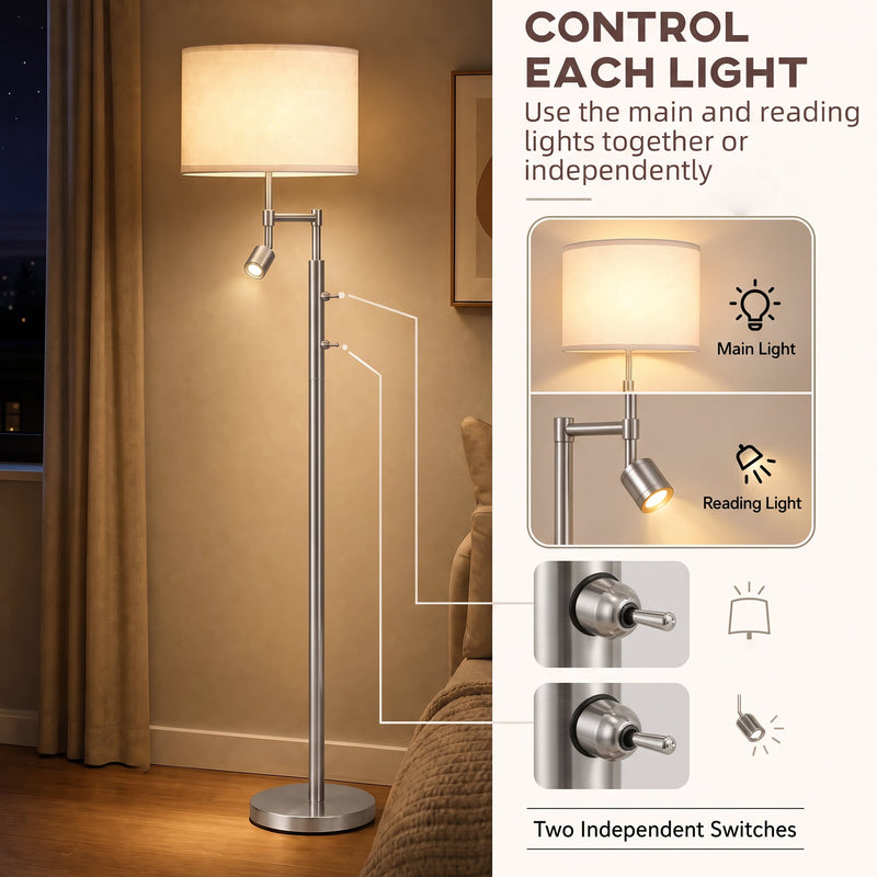 Two independent switches on the silver lamp pole for the main light and reading light