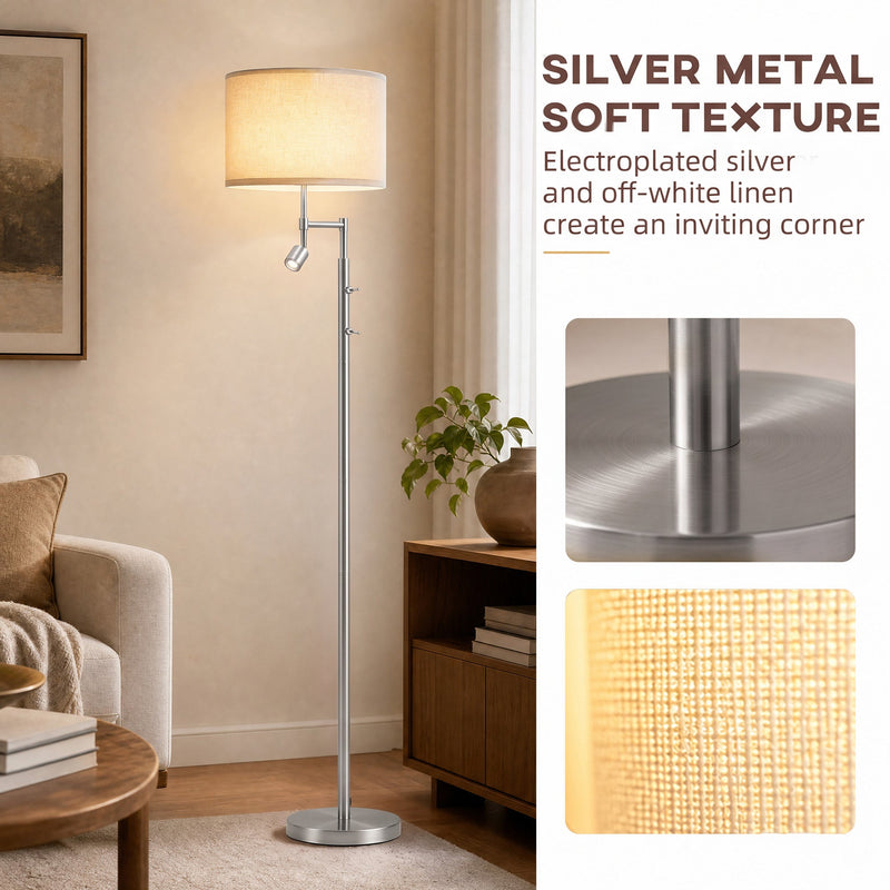 Silver metal base and linen shade texture close-ups beside the floor lamp in a living room
