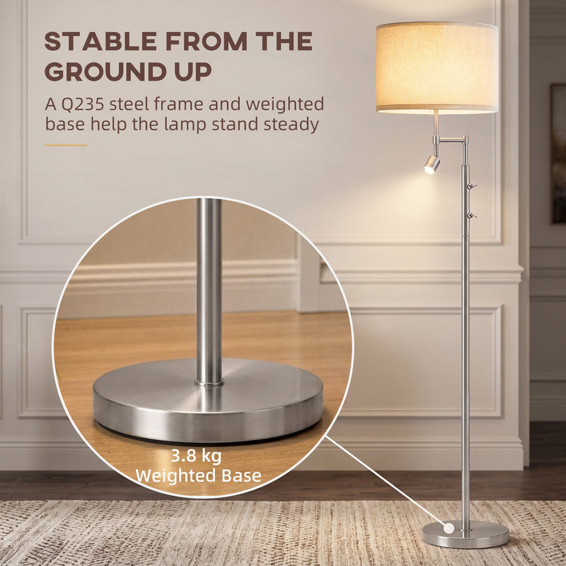 Close-up of the 3.8 kg weighted base on the silver floor lamp