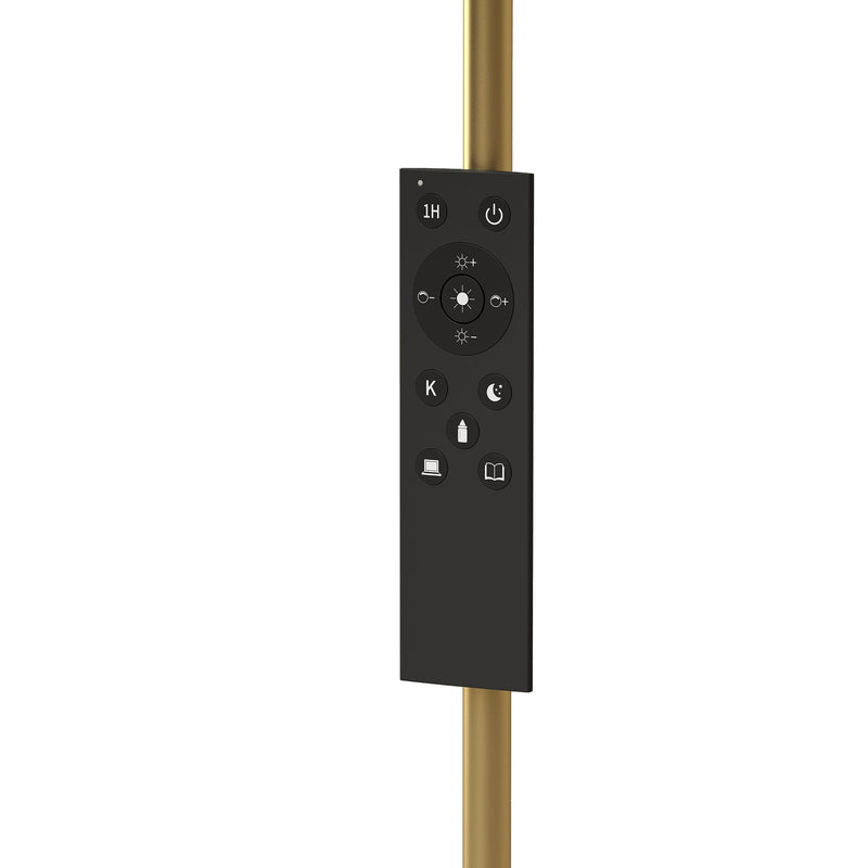 Close-up of the magnetic remote control mounted on the gold lamp pole