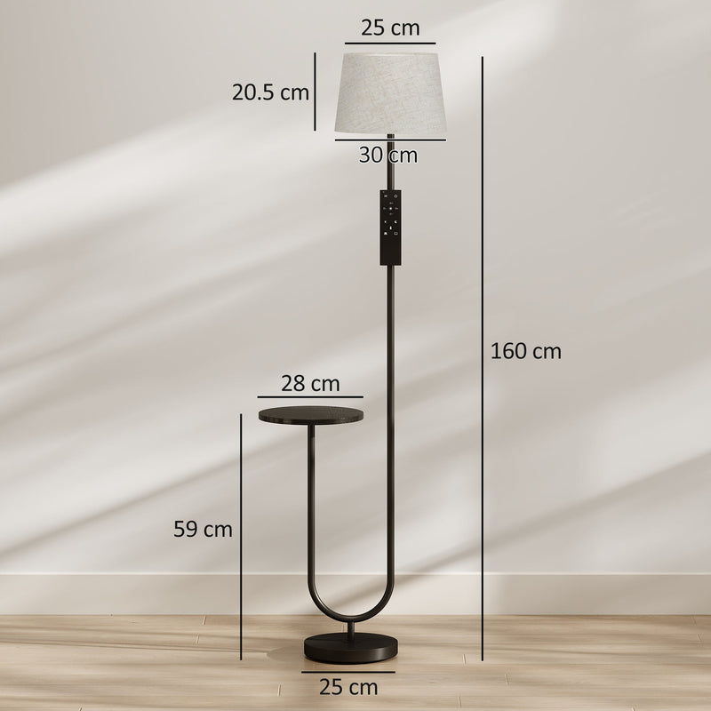 Dimensions diagram of the black floor lamp showing 160 cm height, 25 cm base and 28 cm shelf at 59 cm