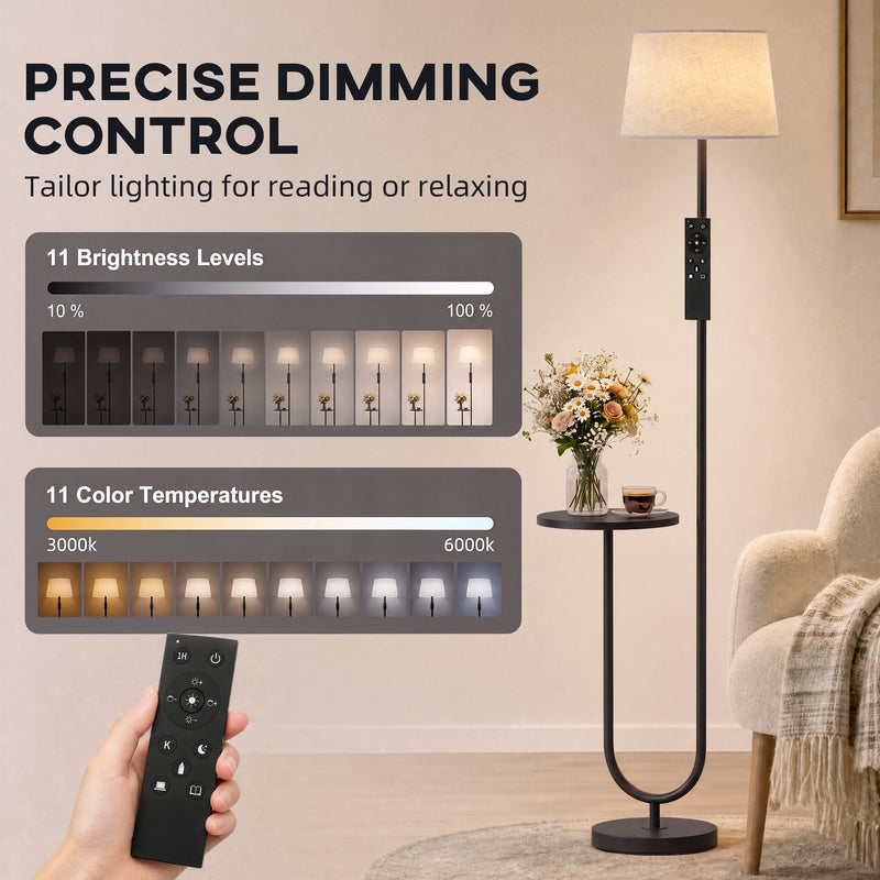 Black floor lamp infographic showing 11 brightness levels, 11 colour temperatures and the remote