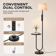 Infographic of the magnetic RF remote, foot switch and included LED bulb for the black floor lamp