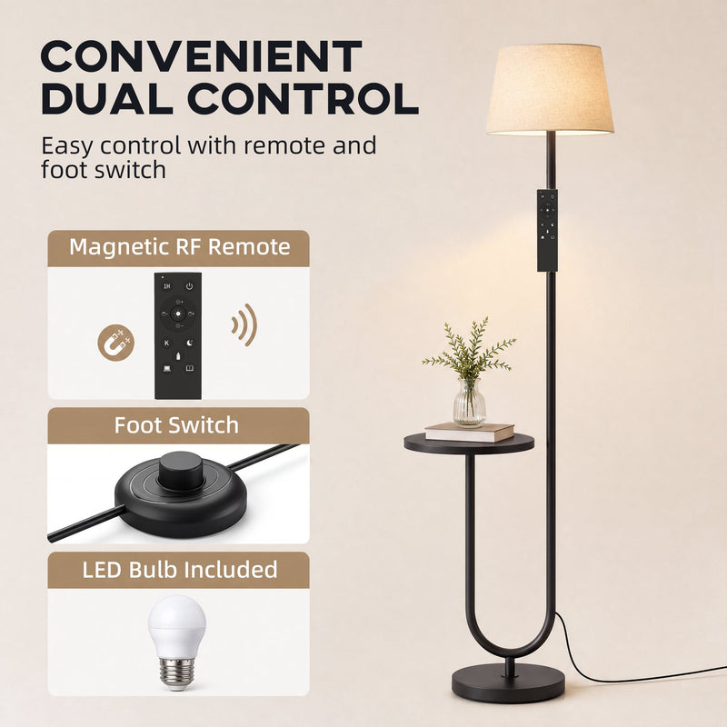 Infographic of the magnetic RF remote, foot switch and included LED bulb for the black floor lamp
