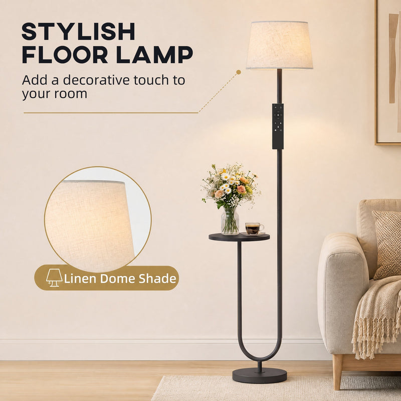 Close-up of the linen dome shade on the black floor lamp beside a sofa