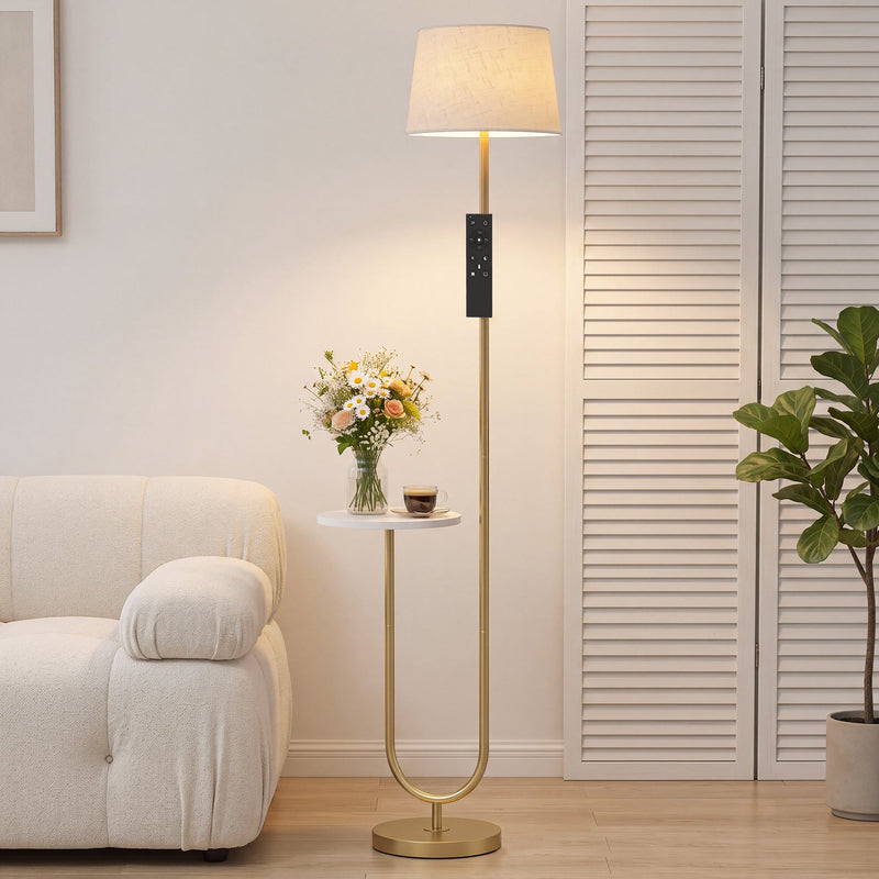 Gold floor lamp with shelf beside a cream armchair and shuttered doors
