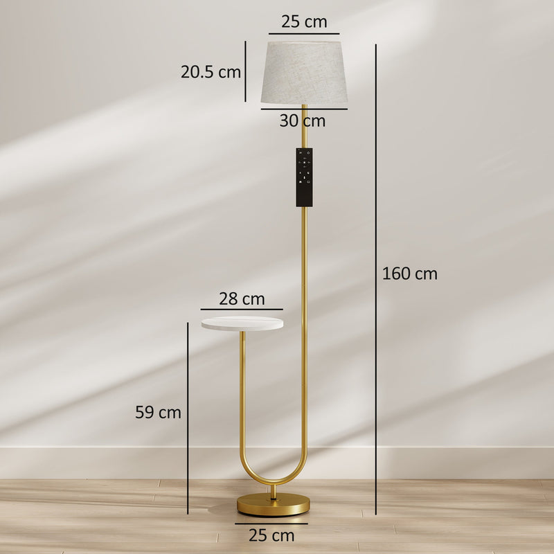 Dimensions diagram of the gold floor lamp showing 160 cm height, 25 cm base and 28 cm shelf at 59 cm
