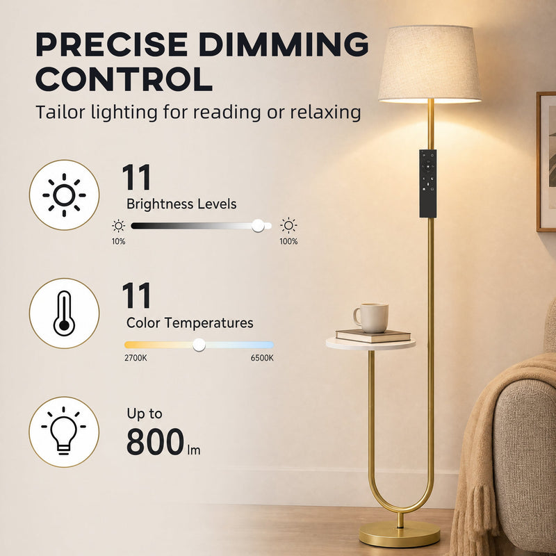Gold floor lamp infographic showing 11 brightness levels, 11 colour temperatures and 800 lumens