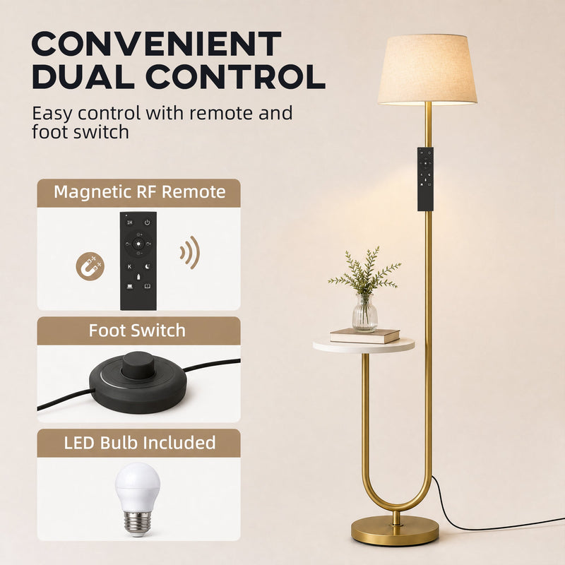 Infographic of the magnetic RF remote, foot switch and included LED bulb for the gold floor lamp