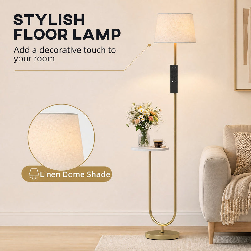 Close-up of the linen dome shade on the gold floor lamp beside a sofa
