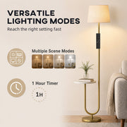 Gold floor lamp infographic showing scene modes and a 1 hour timer
