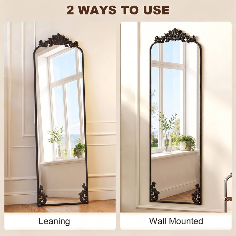 Floor mirror shown leaning against a wall and mounted on a wall, two ways to use