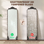 Comparison of the mirror's shatterproof tempered glass against ordinary glass that shatters