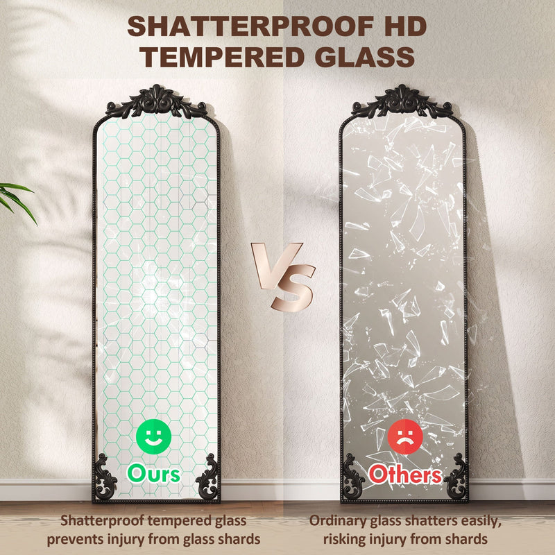 Comparison of the mirror's shatterproof tempered glass against ordinary glass that shatters