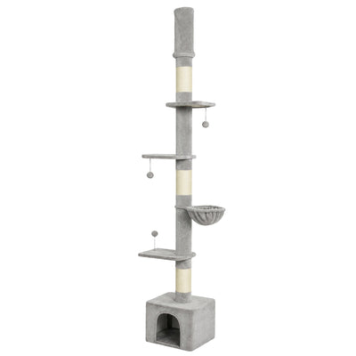 PawHut floor to ceiling cat tree in light grey, studio shot showing all six levels