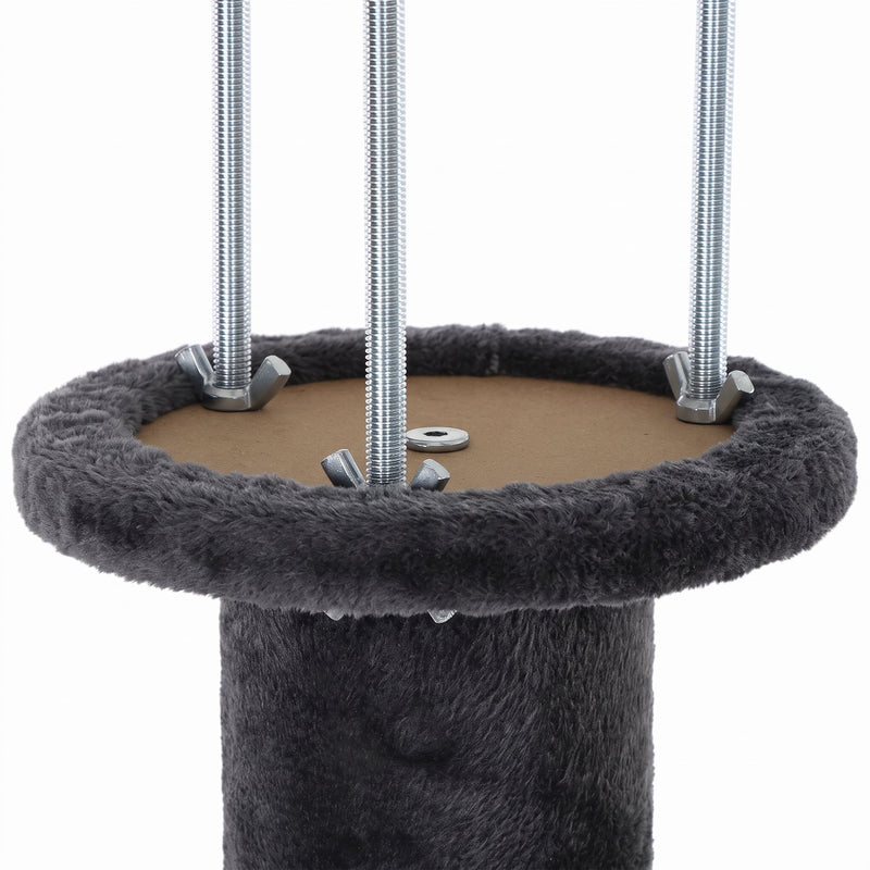 Three tension rods fixed to the top plush platform of the cat tree