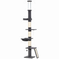 Dark grey floor-to-ceiling cat tree with bed, hammock, perches and ramp on white