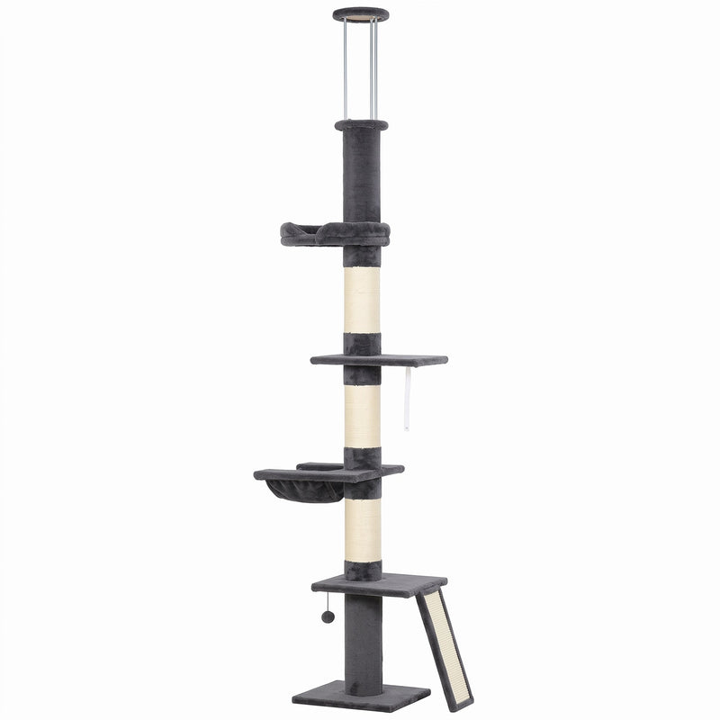 Dark grey floor-to-ceiling cat tree with bed, hammock, perches and ramp on white