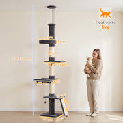 Cat tree height diagram beside a woman holding a cat, for 1 cat up to 5 kg