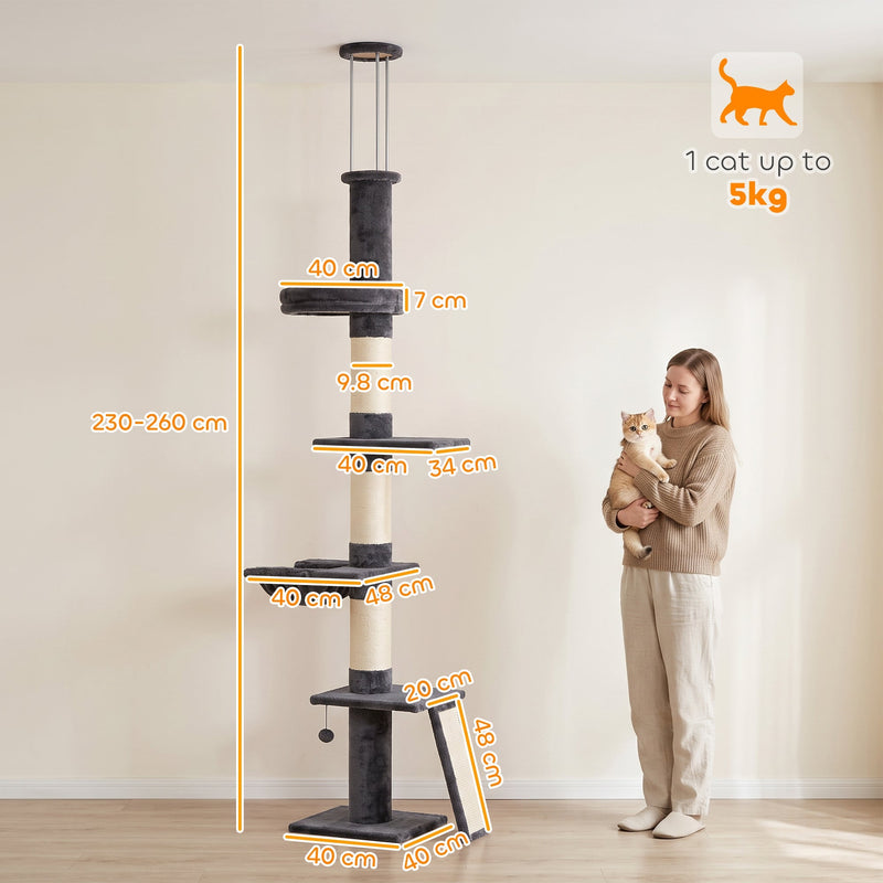 Cat tree height diagram beside a woman holding a cat, for 1 cat up to 5 kg