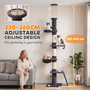 230-260 cm adjustable ceiling design with a woman seated beside the cat tree