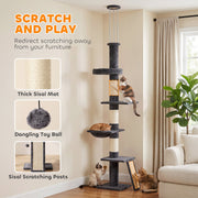 Scratch and play callouts for sisal mat, dangling toy ball and sisal posts