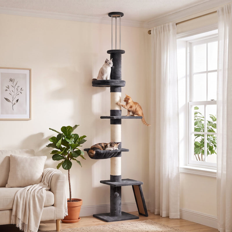 Cat tree by a window with cats on the perches and hammock