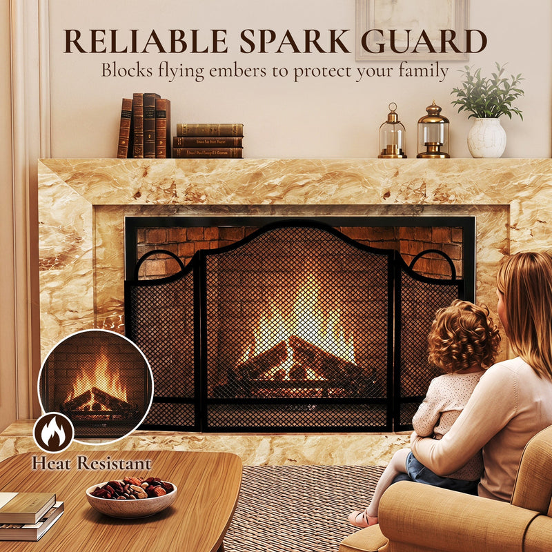 Fireplace screen in a living room in front of an unlit hearth