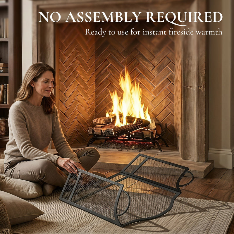 Fireplace screen angled to fit a corner hearth layout