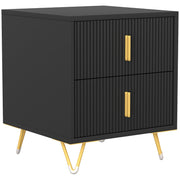 Homcom fluted 2-drawer bedside table in black with gold-tone hairpin legs, angled studio view