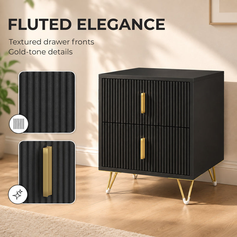 Close-up of the fluted drawer texture and gold-tone handle on the black bedside table