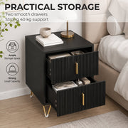 Open drawers on the black bedside table showing storage space and 40kg load capacity