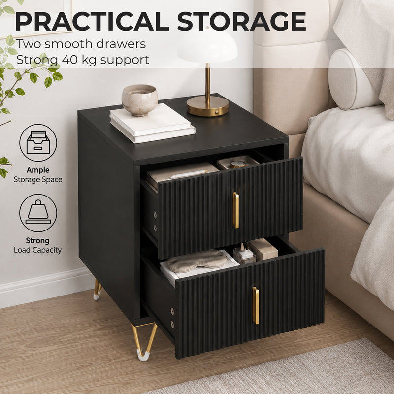 Open drawers on the black bedside table showing storage space and 40kg load capacity