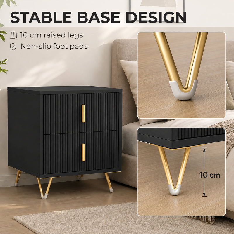 Gold-tone hairpin legs with non-slip foot pads on the black bedside table