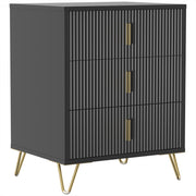 HOMCOM black fluted 3-drawer dresser with gold handles and metal legs, studio shot