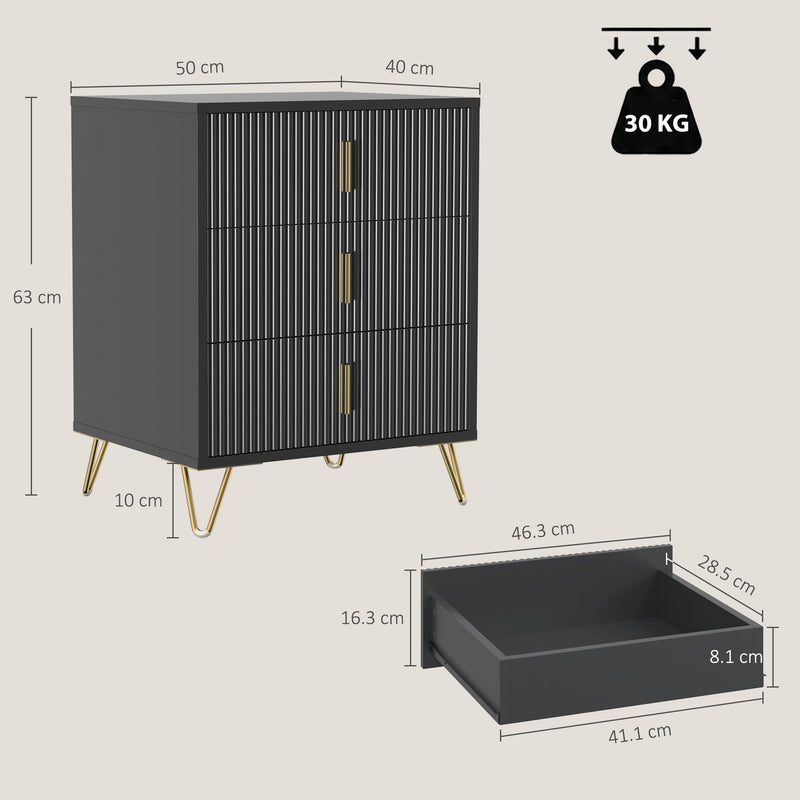 Detailed dimensions diagram showing drawer interior size and leg height