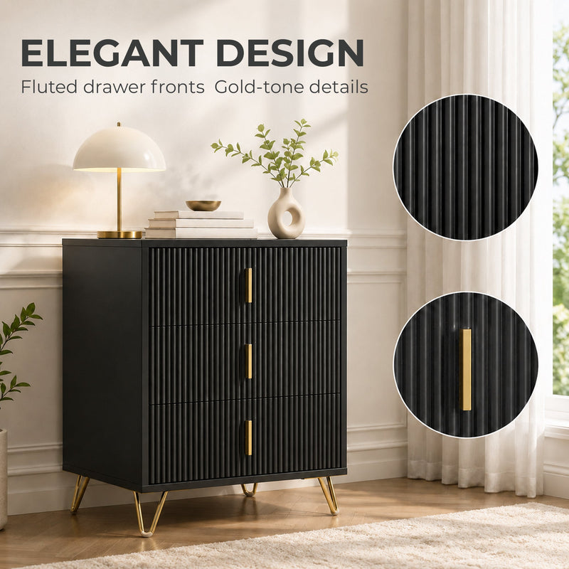 Close-up of fluted drawer fronts and gold-tone handle details