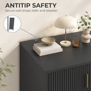 Anti-tip safety graphic showing the included wall strap fitted to the dresser