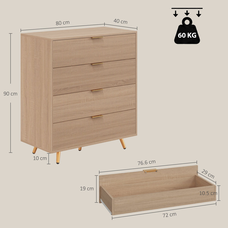 Dimension diagram of the chest of drawers showing 80cm width, 40cm depth, 90cm height and drawer inner size
