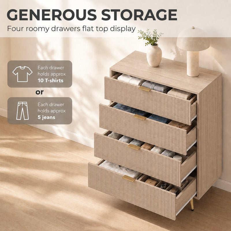 Open drawers showing folded clothes, with icons for approximate T-shirt and jeans capacity per drawer