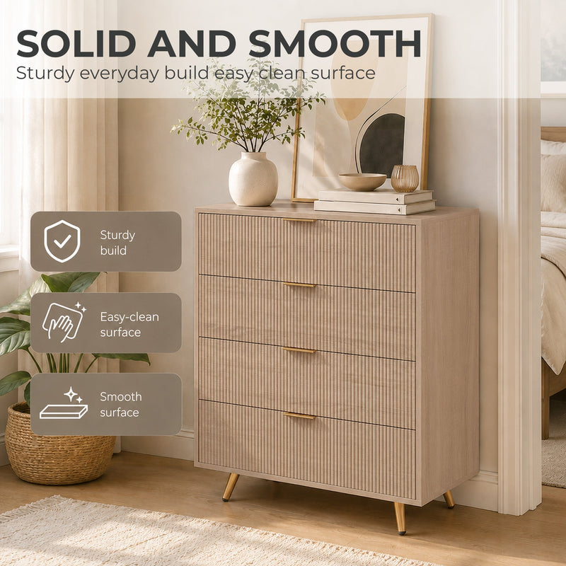 Chest of drawers in a living room setting highlighting its sturdy build and easy-clean surface