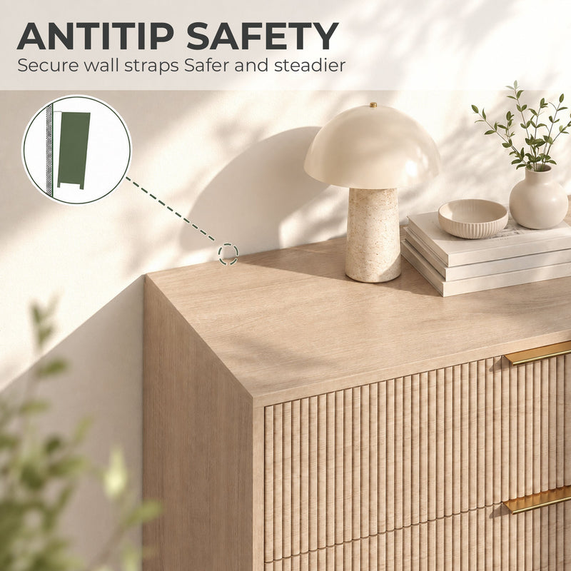 Close-up of the anti-tip wall strap fitted to the back of the chest of drawers