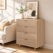 Natural wood chest of drawers styled beside a cream sofa in a living room