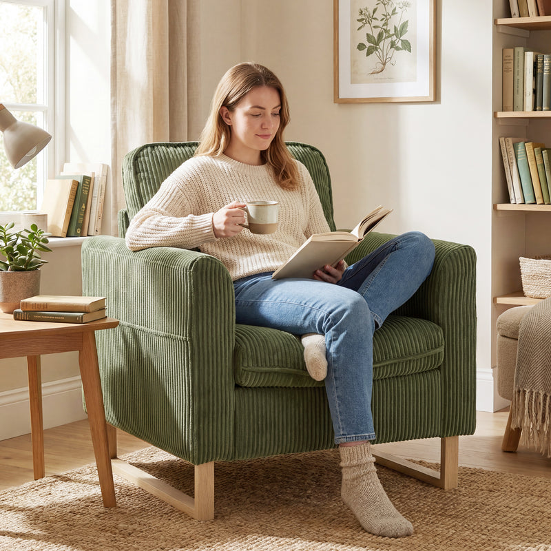 Compact Supportive Armchair for Small Spaces with Easy Clean Corduroy Dark Green