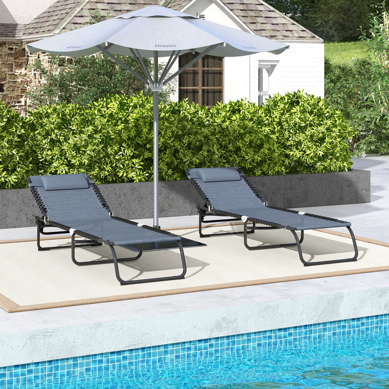 Grey Folding Sun Loungers Set of 2 with Adjustable Four Position Backrests for Garden