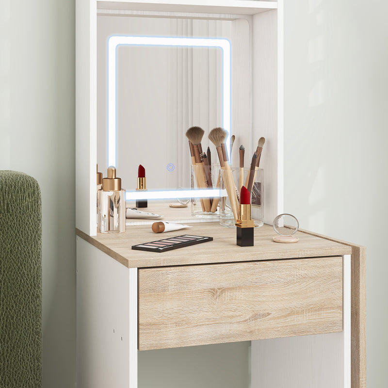 Dressing Table with Adjustable LED Mirror and Storage for Small Bedrooms White Wood Effect AOSOM