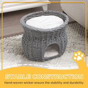 2 Tier Wicker Cat House with Washable Cushions Elevated Pet Bed for Kittens, Grey